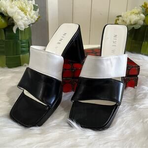NEW Nine West Vintage 90s Leather Black White Two Tone Chunky Block Heel Sandals